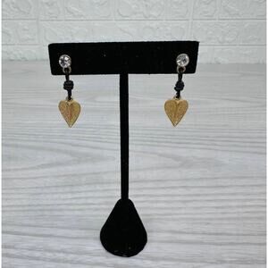 Golden Heart Dangling Earrings Pair Clear Stone Leather Cord Gold Heart Charm